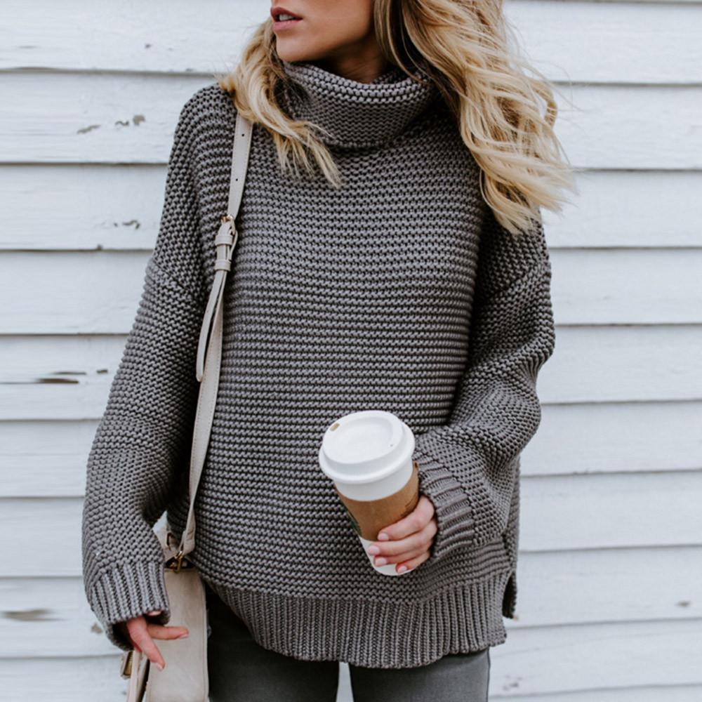 Женская свободная водолазка с длинным рукавом, вязаный свитер, джемпер, пуловер, верхняя блузка