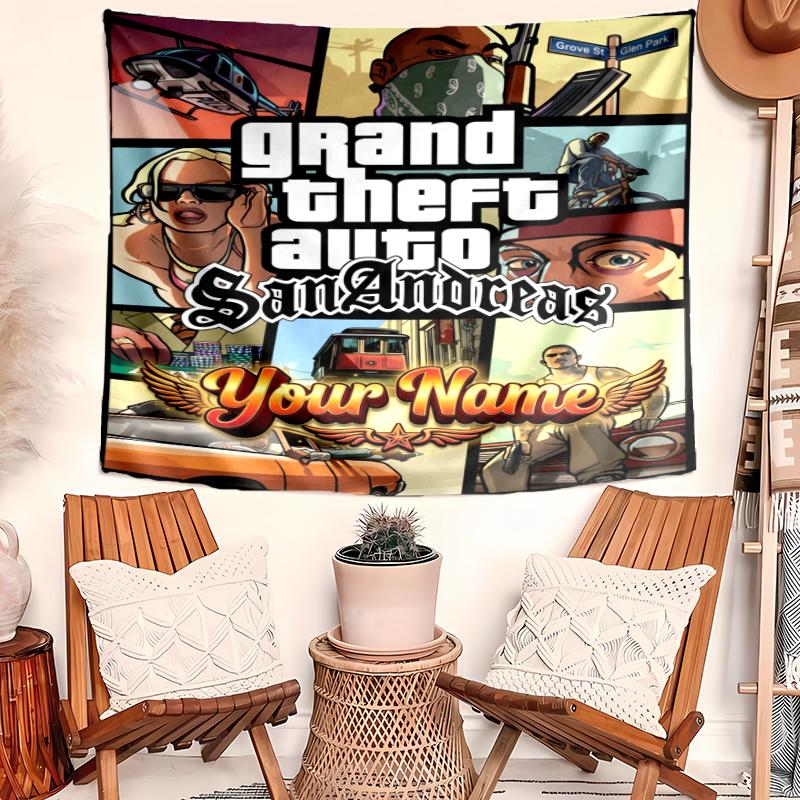 Personalized Name GTA Tapestry, Wall Hanging Tapestry, Pattern Tapestry for Dorm Bedroom Living Room Wall Art Photography Backdrop