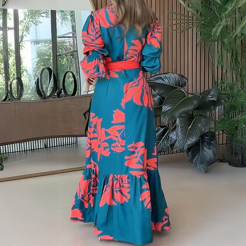 Весна Новая Женская Мода и Темперамент Принтованная Длинная Юбка Байта Платье с Завязками на Талии