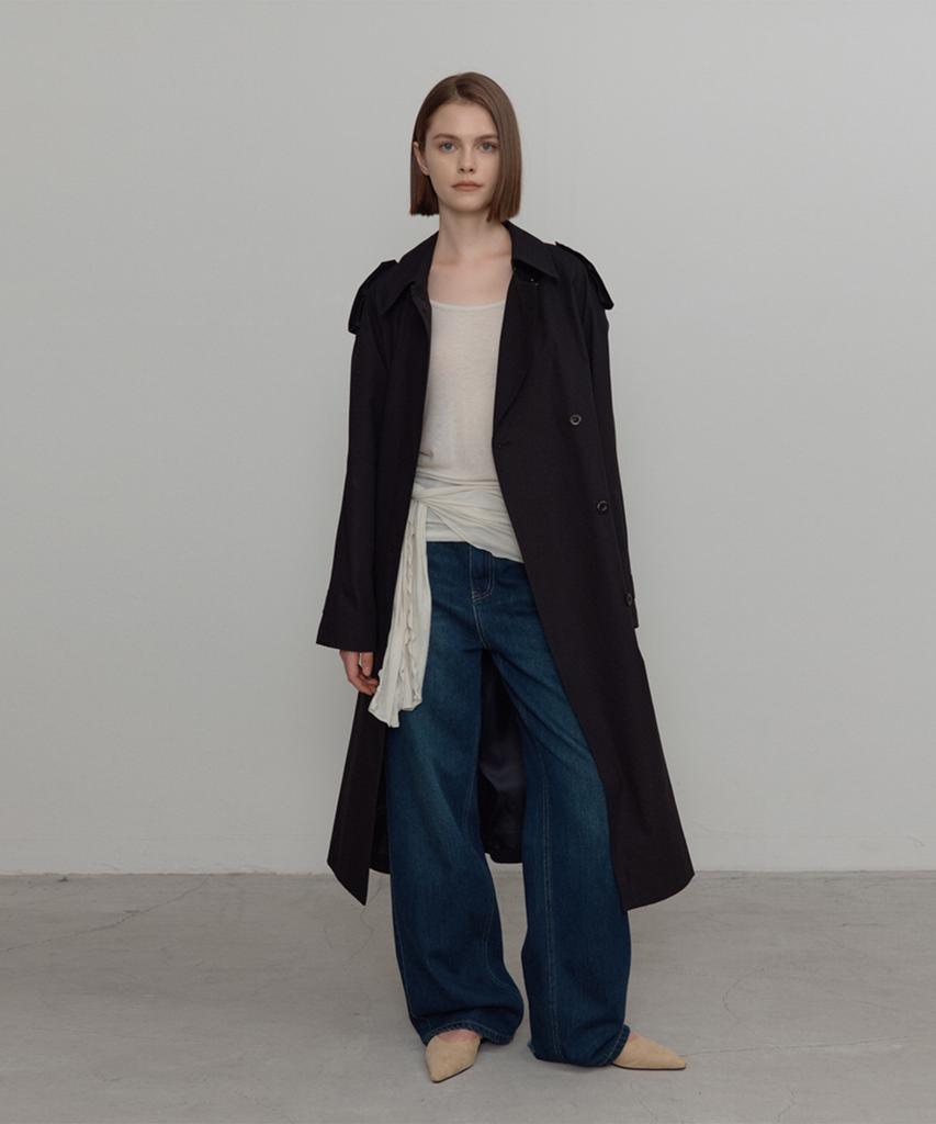 Themargot Cotton Stitch Double Trench Coat _Black