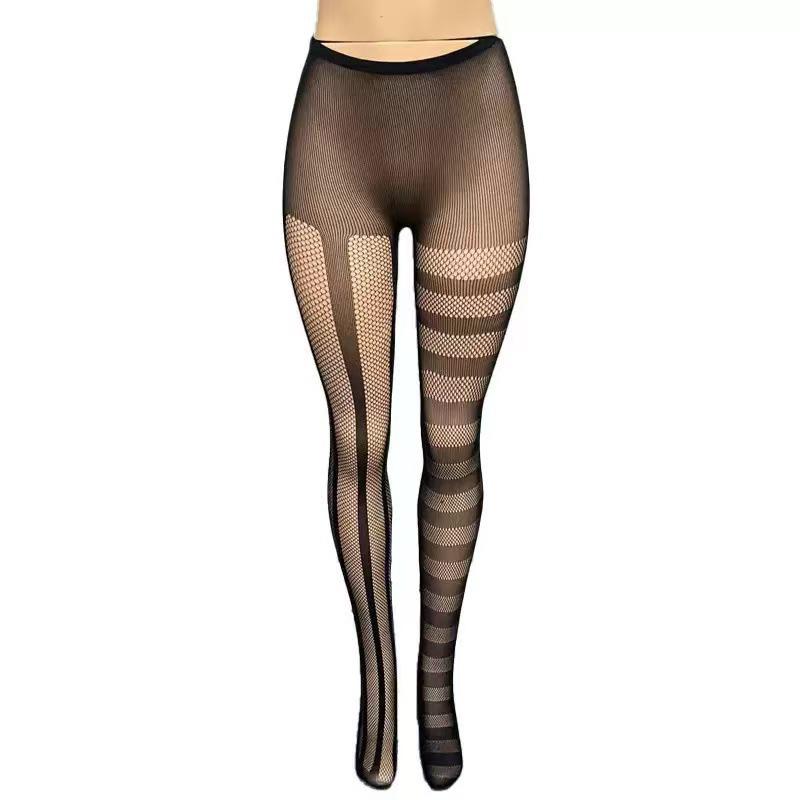 Women Vintage Gothic Dark Punk Style Sexy Pantyhose Goth Lolita Uniform Striped Asymmetric Hollow out Fishnet Tights Summer