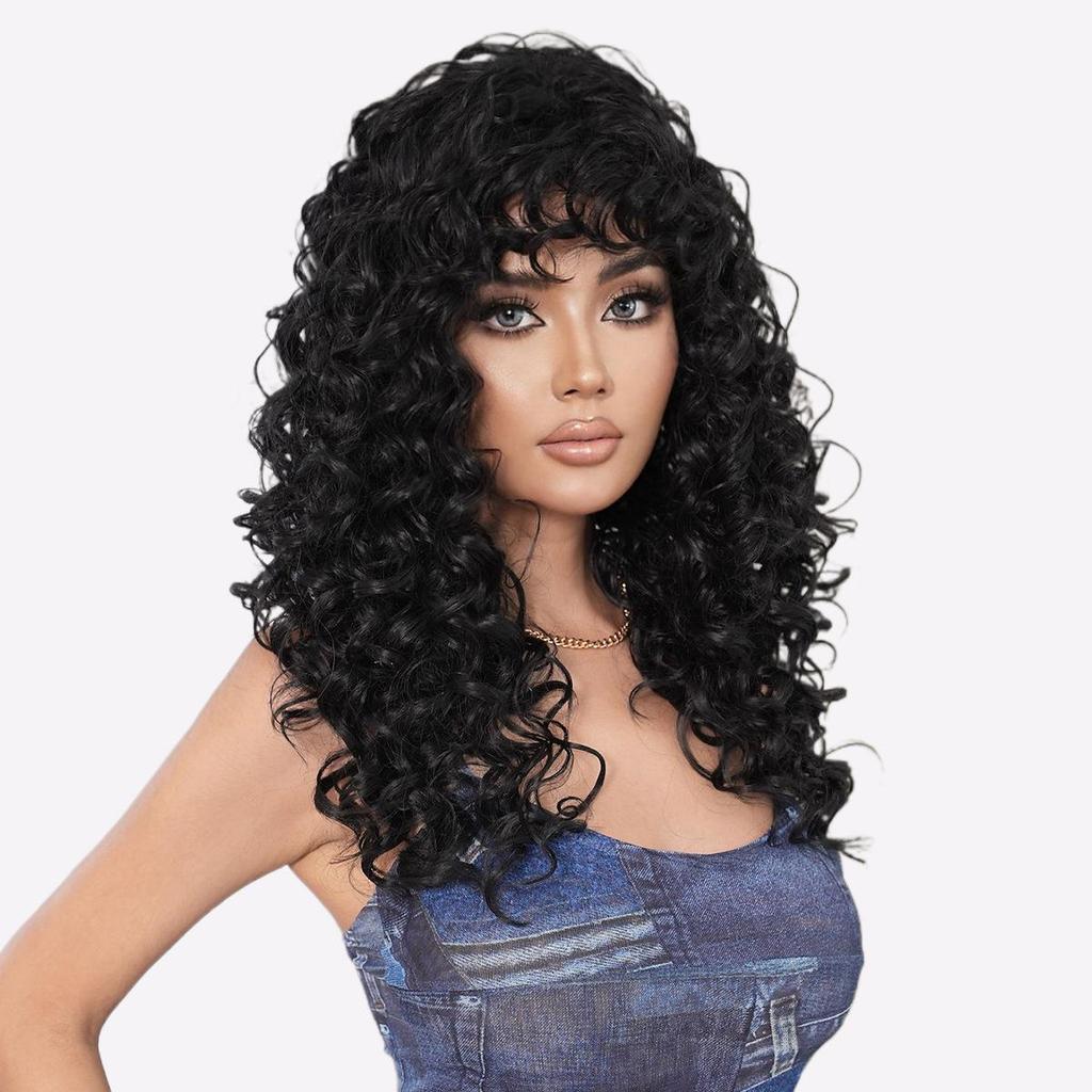 TikTok Kinky Curly Wig с челкой - иссиня-черные афро-текстурированные синтетические волосы, термостойкие кудри 3C-4A, естественный вид, защитный стиль парика