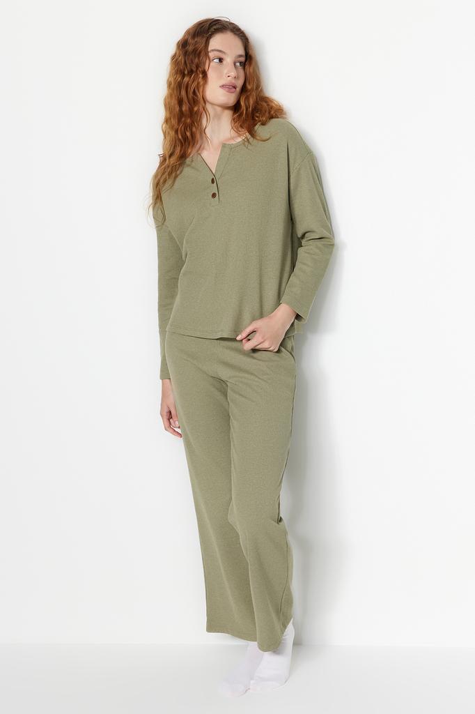 Women's Fashion New Pajama Set Green Waffle Tshirt-Pants Knitted Pajama Set