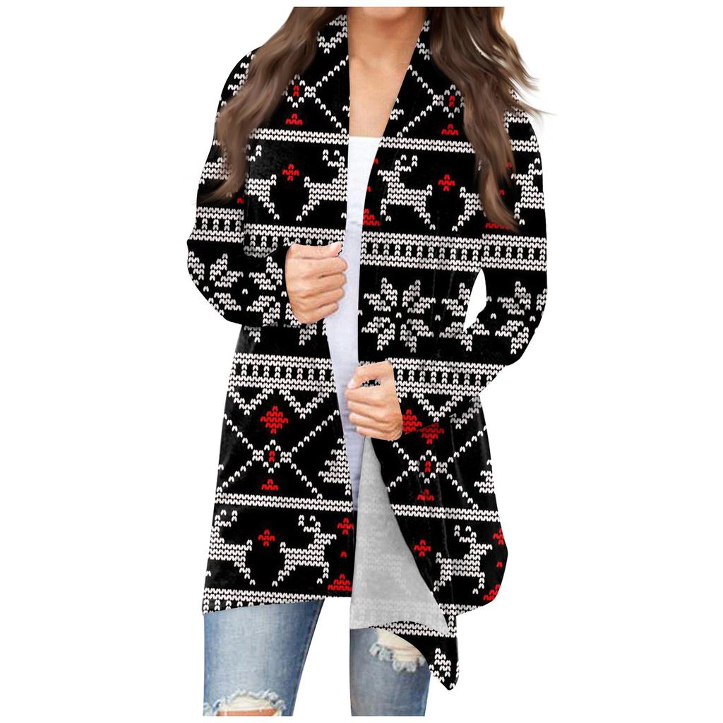 Women's Casual Floral Christmas Print Mid-length Cardigan Coat