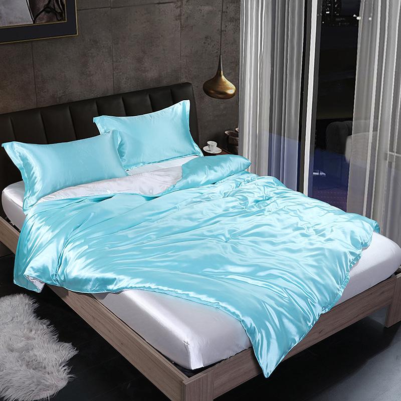 European Solid Color Mulberry Silk Bedding Sets Ice Silk Satin Cooling Bedclothes High Quality Skin-Friendly Smooth Duvet Kit