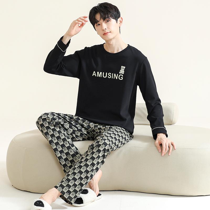 Мультяжная мужская пижама из хлопка, осенний комплект, топы для сна, брюки, круглый вырез, домашний костюм для отдыха, мужская пижама, ночная одежда