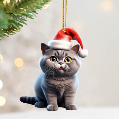 Рождественская подвеска в виде кота, акриловая шапка Санты, мультяшный кот, подвесное украшение, брелок для ключей, подвеска в виде котенка, украшение на рождественскую елку, подарок для любителей кошек