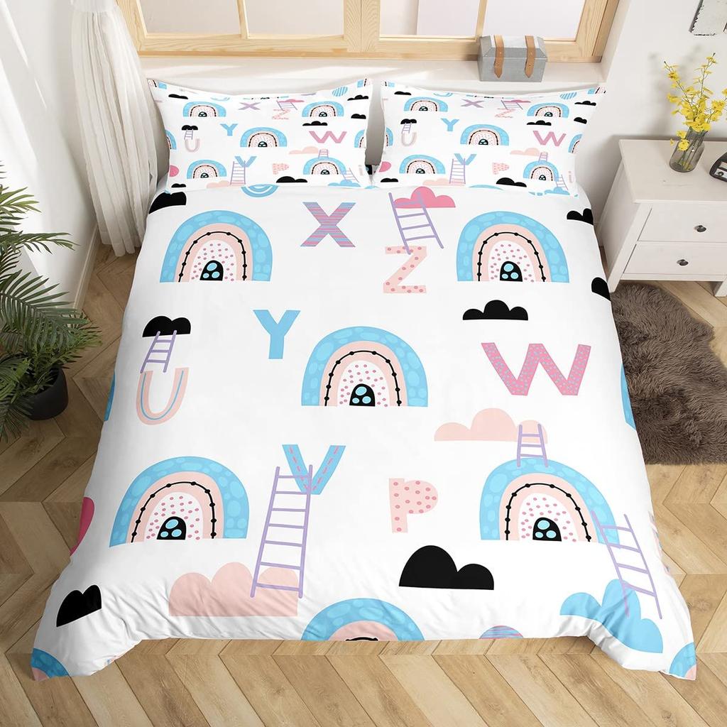 Lovely Rainbow Duvet Cover Sun Crown Cloud Rain Bedding Set Stick Figure Art Comforter Cover Kids Bedroom Polyester Quilt Cover