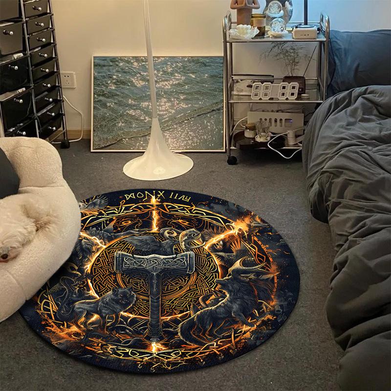 Viking Inspired Round Rug, Polyester Non-Slip Machine Washable Mat for Indoor Outdoor Living Room Bedroom Office Decor