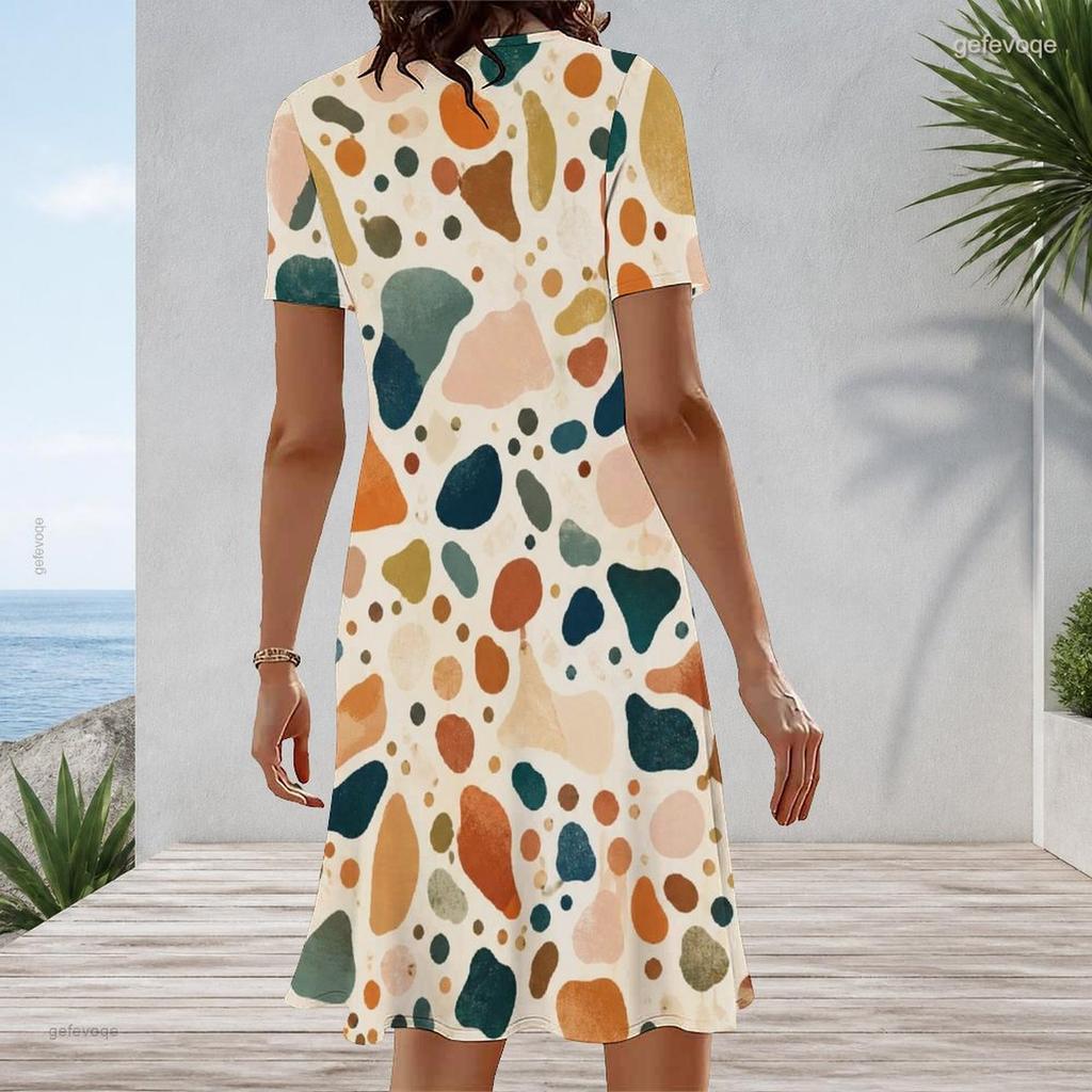 Women Plus Size Round Neck Short Sleeve Geometric Printed A Line Midi Dress