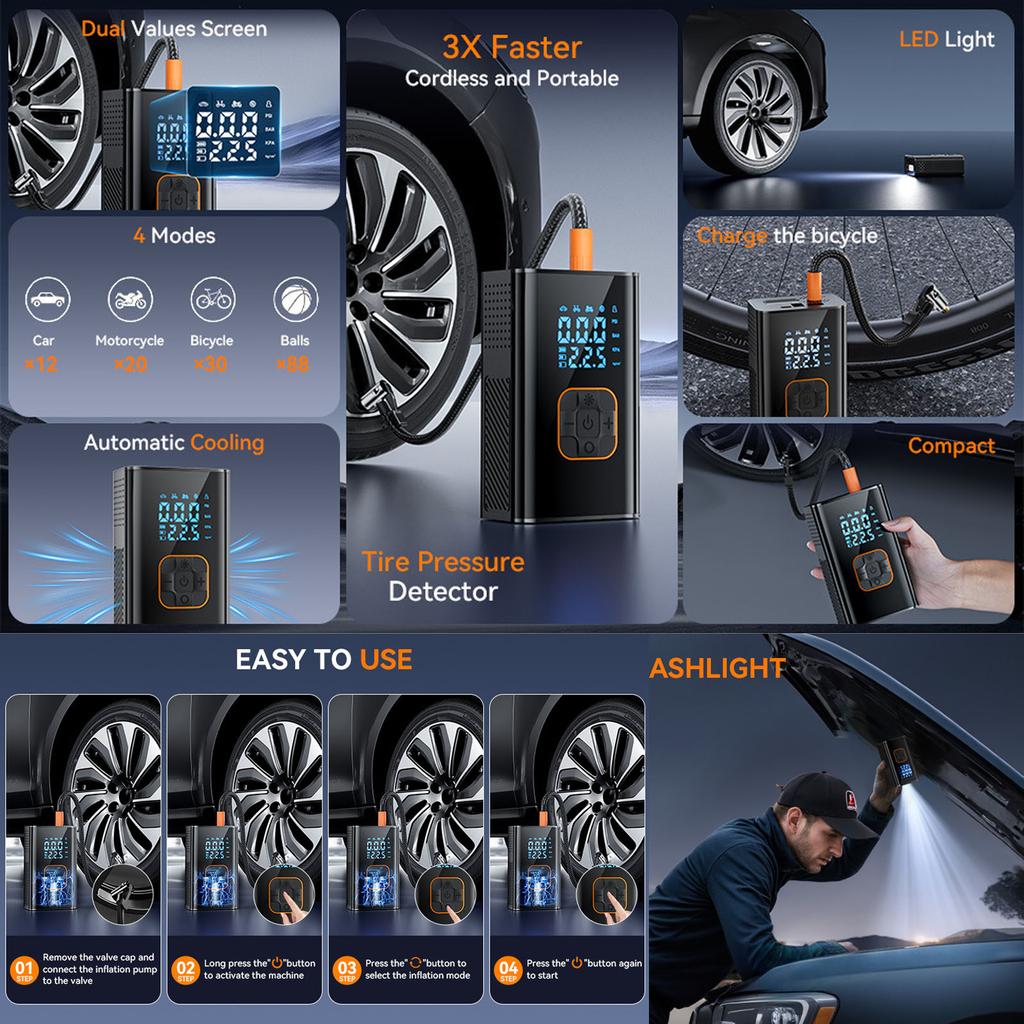 MotorX Накачка шин Портативный компрессор 2-го поколения, Большая накачка шин Скорость 0 секунд Быстрая накачка, Емкость аккумулятора 15000 мАч, 65 Вт