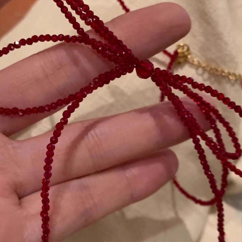 Female Red Beads Ins Style Necklace Accessories High Class Red Bow White Necklace Choker Clavicle Chain