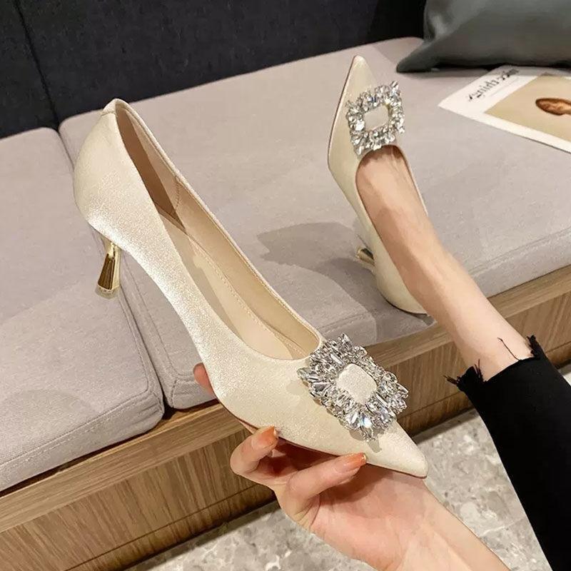 Французские туфли-лодочки на высоком каблуке со стразами, женские, лето 2025, новая мода, шпилька, маленький размер, черные, профессиональные, одинарные, женские