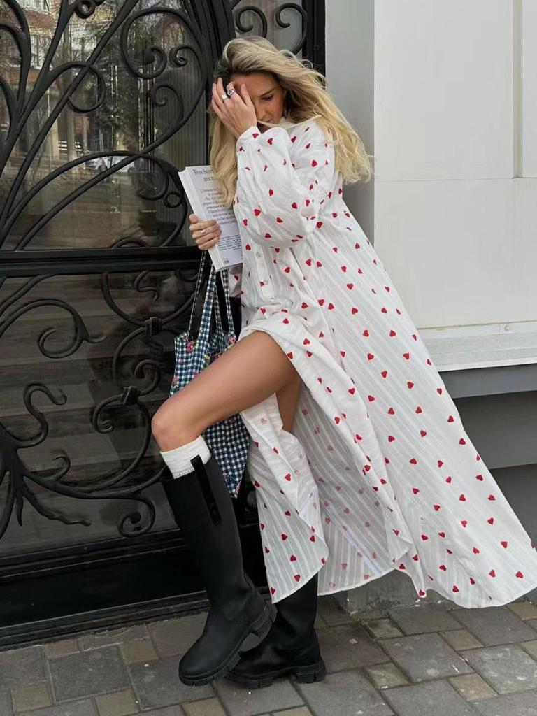 Autumn Love Print Comfortable Long Sleeve Nightdress