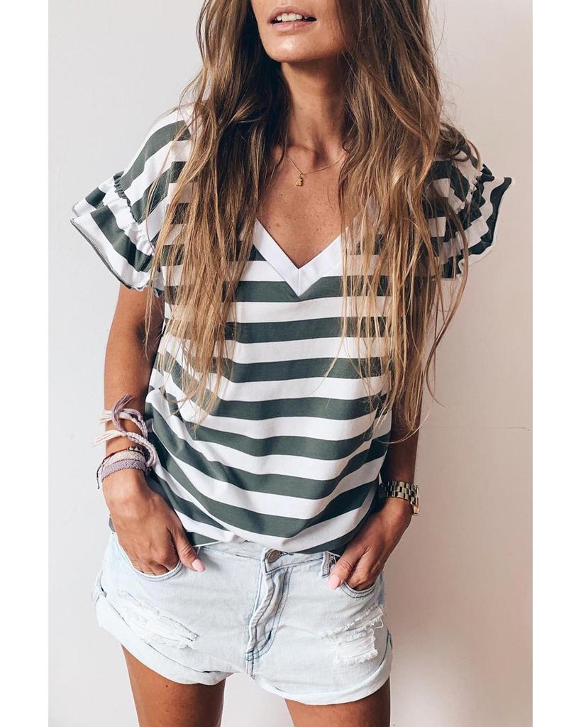 Azura Exchange Sea Green Striped V Neck Ruffle Sleeve Top