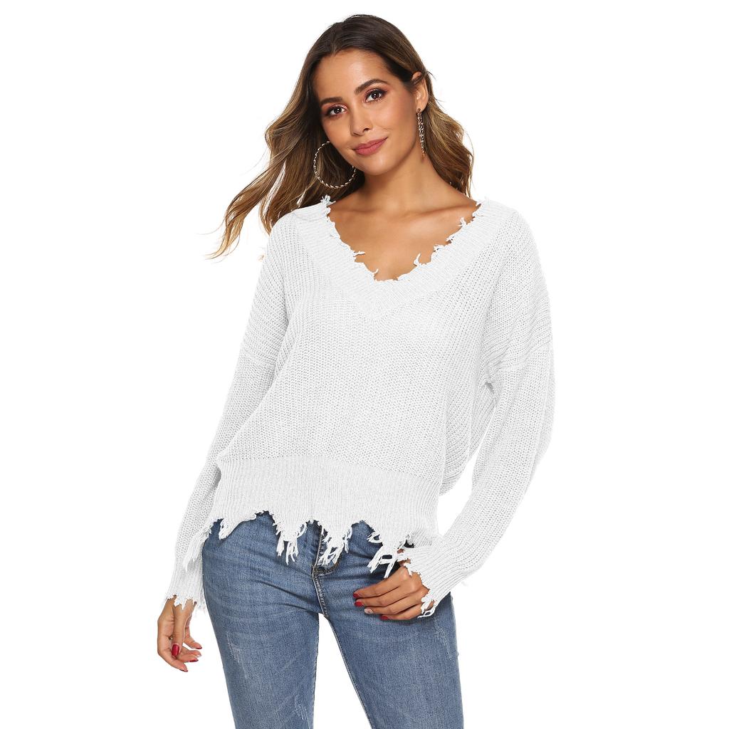 Осенне-зимний женский свободный свитер с V-образным вырезом и нерегулярной бахромой