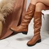Зимние винтажные плиссированные ботфорты 2025 Новые размеры Круглый носок Шнуровка сзади Рыцарские ботинки Женские