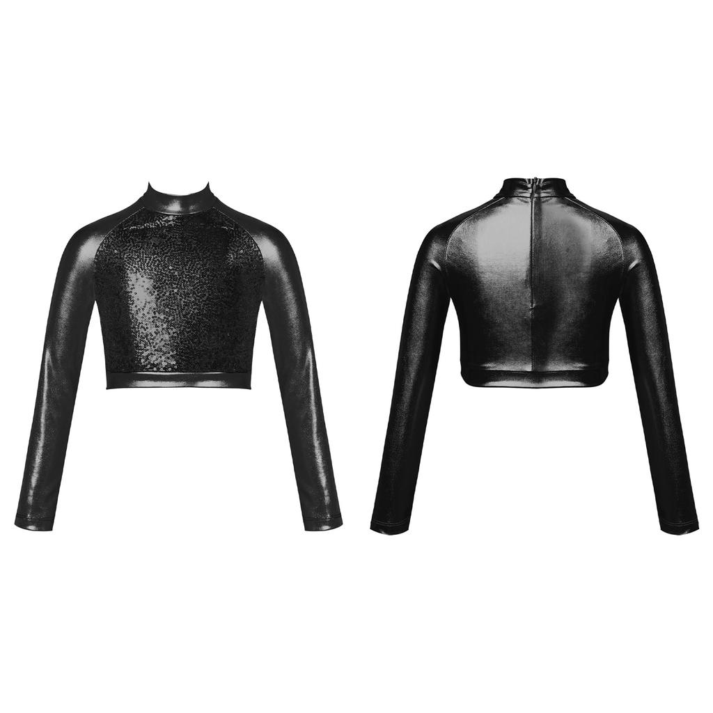 Детский блестящий металлизированный укороченный топ в стиле хип-хоп для девочек, футболка с длинными рукавами и блестками, современная танцевальная одежда для джазового балета