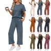 Women's Casual Fashion Short Sleeve Loose Wide Leg Pants Round Neck Suit