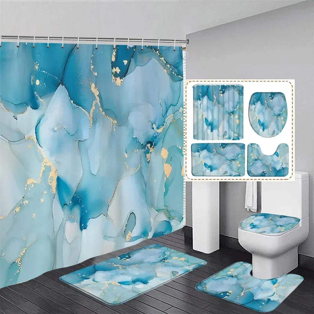 Абстрактный розовый мраморный набор штор для душа Золотистый текстурированный Современный геометрический Искусство чернилами Декор для ванной комнаты Коврик для двери Коврик для ванной Крышка для унитаза