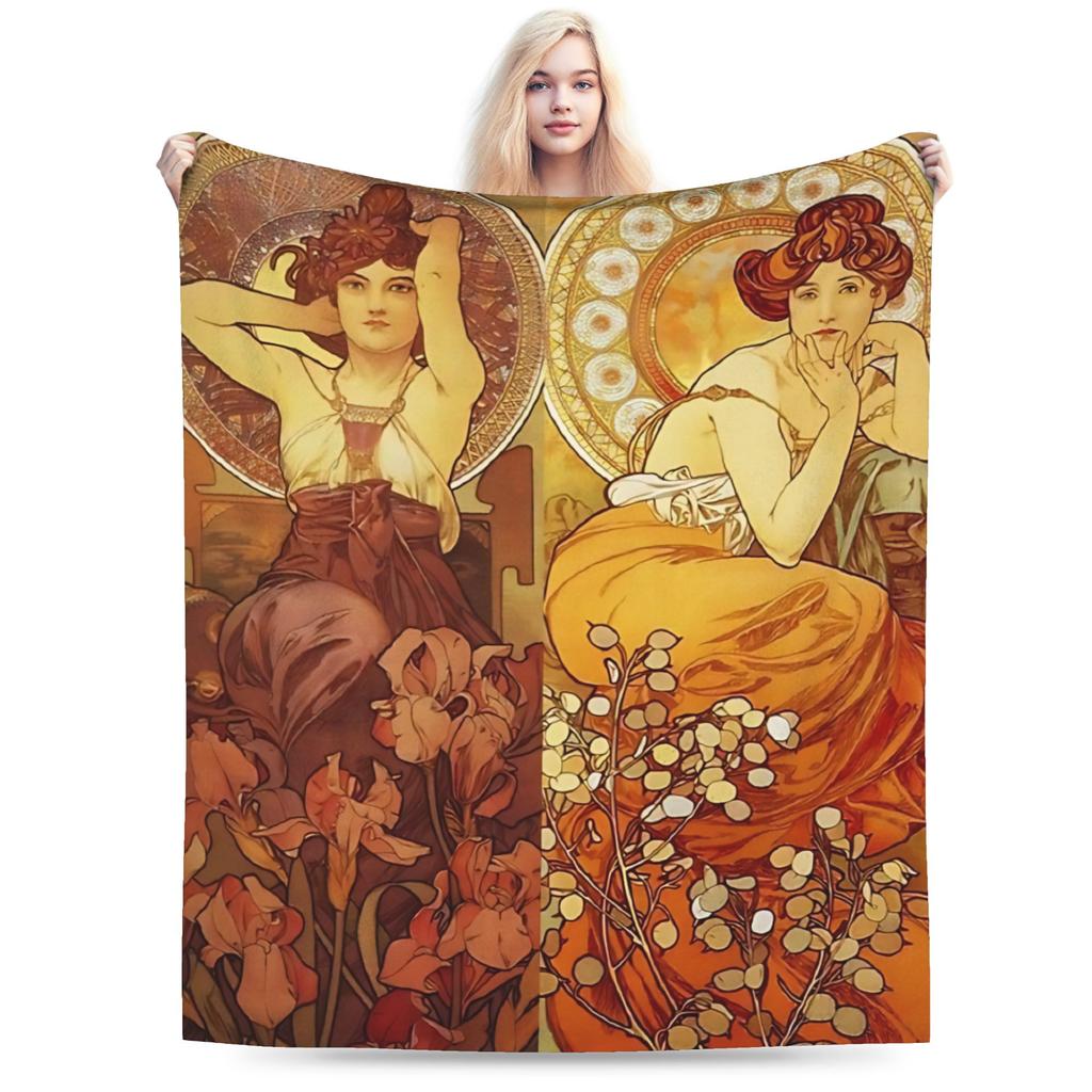 Language of Flowers Alphonse Mucha Plush Blanket Students Flannel Throw Blanket For Outdoor Soft Custom DIY Quality Bedspread