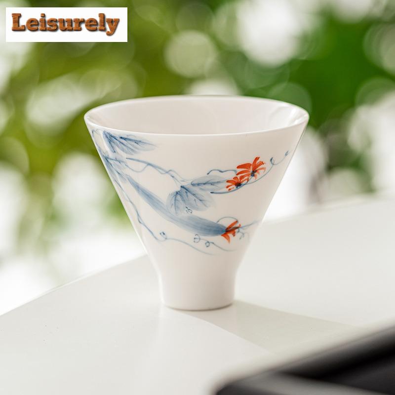 2pc/set Hand-painted Loofah Teacup Dehua White Porcelain Bamboo Hat Cup Master Single Cup Chazhan Kung Fu Teaset Drinking 50ml
