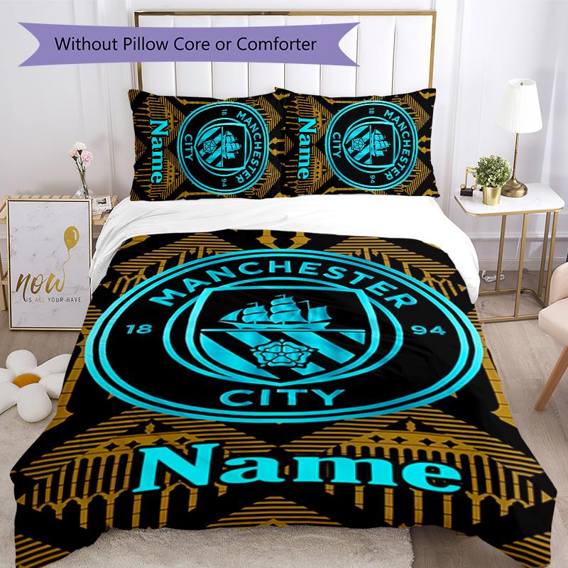 3pcs Custom Name Cartoon Manchester City F.C Bedding Set Duvet Cover Closure Includes 1 Duvet Cover & 2 Pillowcases for All Seasons Bedroom Decor
