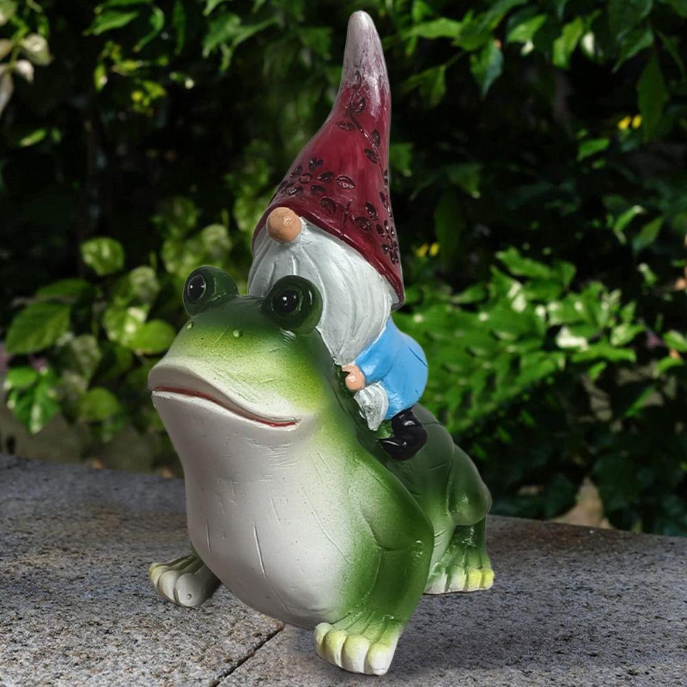 Cartoon Garden Gnomes Figurine Funny Dwarf Sculpture Creative Gnome Riding Frog Statue  Home