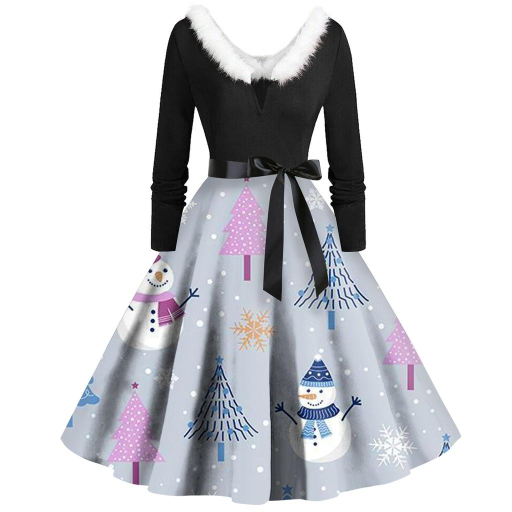 Women Vintage Long Sleeve Christmas Print 1950s Housewife Evening Party Prom Dress