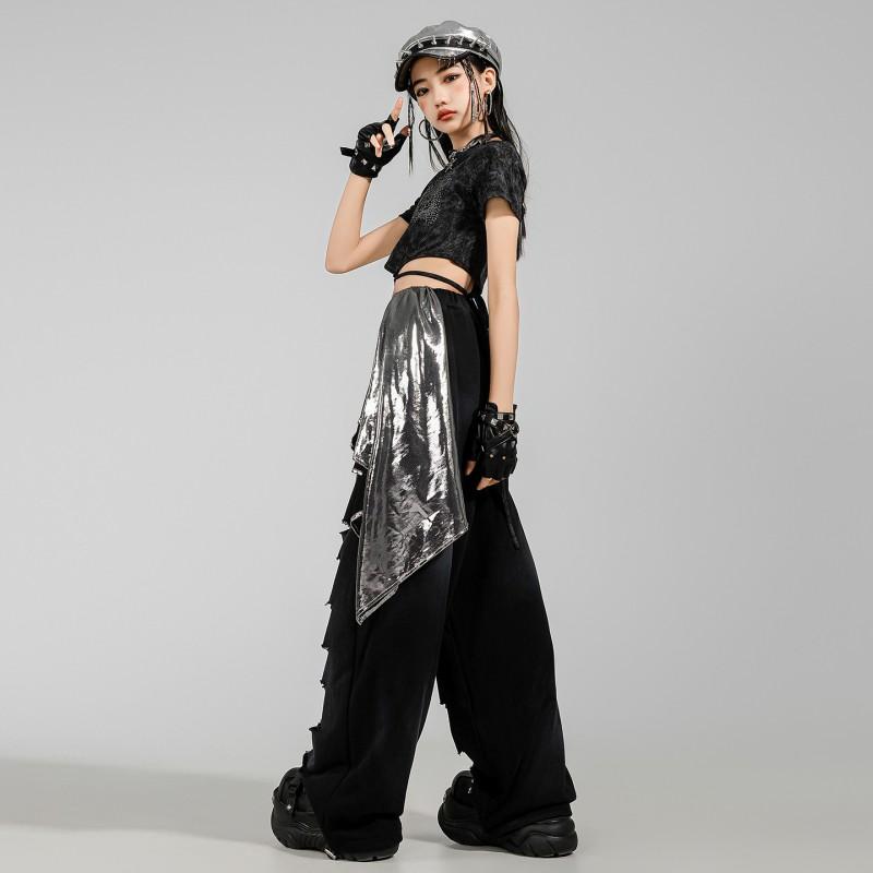 Girls Jazz Dance Outfit Set Short Sleeve Crop Top Ripped Pants Streetwear Style Performance