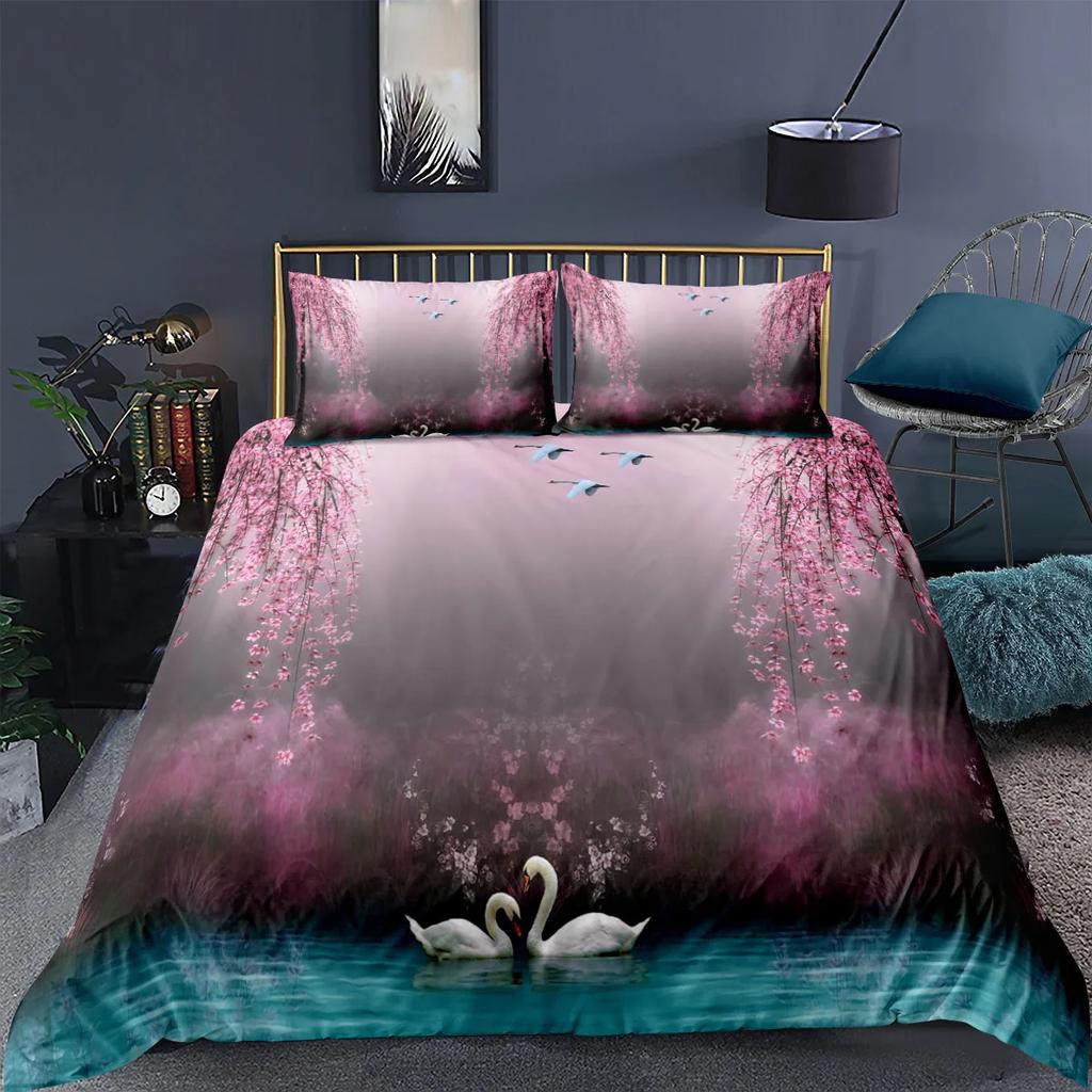 Swan Duvet Cover Set White Swan Lake Comforter Cover Twin Ocean White Swan Polyester Bedding Set For Couple Valentine's Day Gift