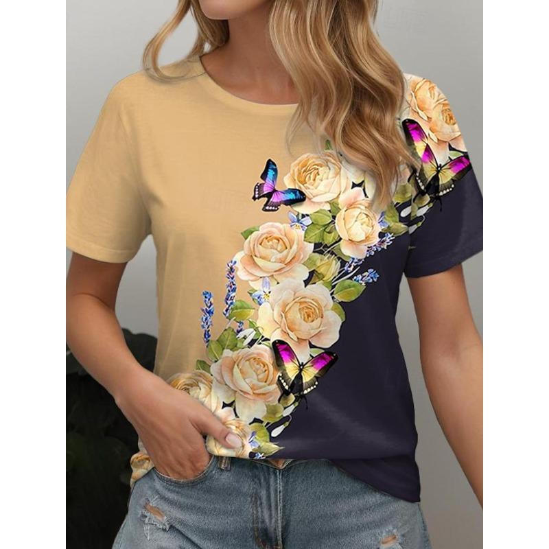 Summer V-neck 3D Floral Printed Top Fashionable Casual Short Sleeved Women's T-shirts