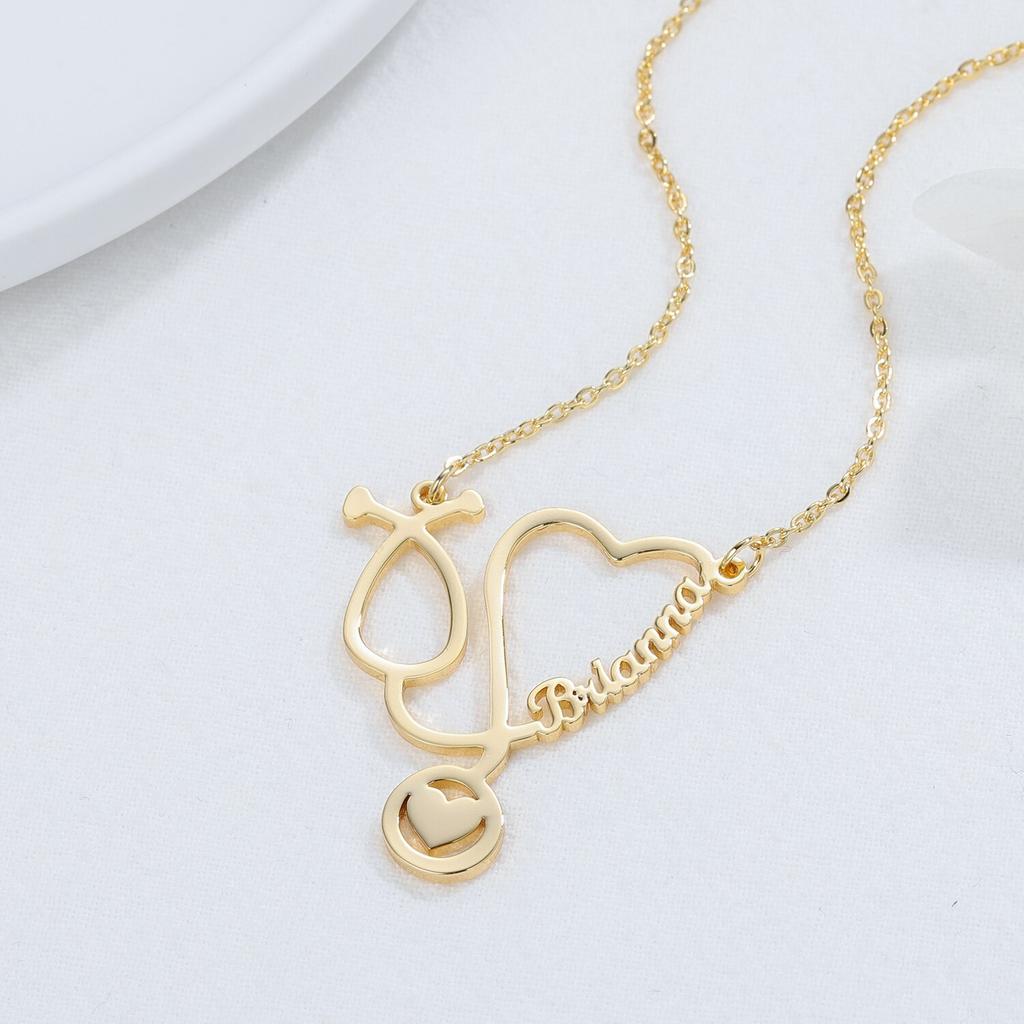Custom Name Necklaces Stainless Steel Jewelry Personalized Gold Tone Stethoscope Pendant Women Nameplate Necklaces Doctor Giveaway GiftTrendy
