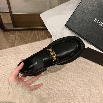 Натуральная кожа, британский стиль, одна нога-педаль, толстый каблук, толстая подошва, женские мягкие плюшевые лоферы, женские маленькие кожаные туфли с металлической пряжкой