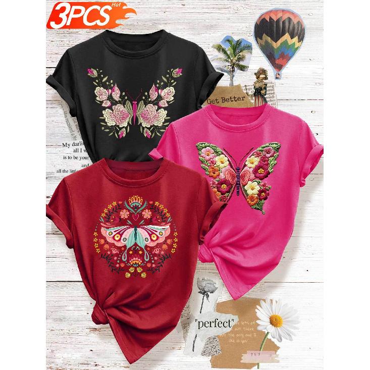 3 Elegant outfits for a girls' gathering T Ethnic-style shirt with butterfly and floral prints, vintage and unique top, fresh and youthful, casual
