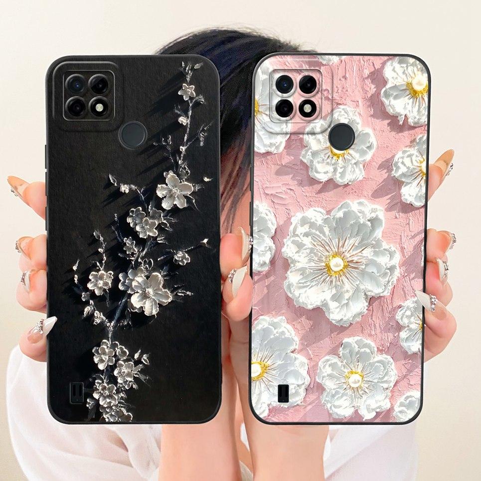 For Realme C21 RMX3201 Phone Case Bow Pattern Flower Butterfly Girly Back Cover Matte Silicone Soft Casing RealmeC21 C 21 2021