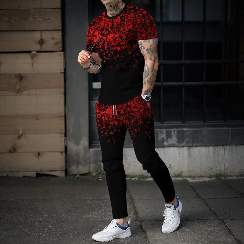 Новый летний комплект спортивной одежды, футболка с короткими рукавами, длинные брюки, комплект из 2 предметов, 3D-сращивание, повседневный и красивый дорожный комплект высокого качества