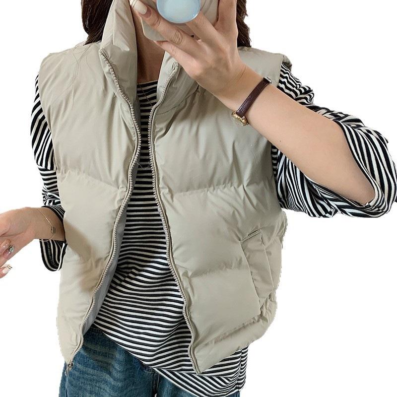 Autumn and winter stand-up collar zipper cotton vest women's short drawstring hem sleeveless vest loose casual stacked vest