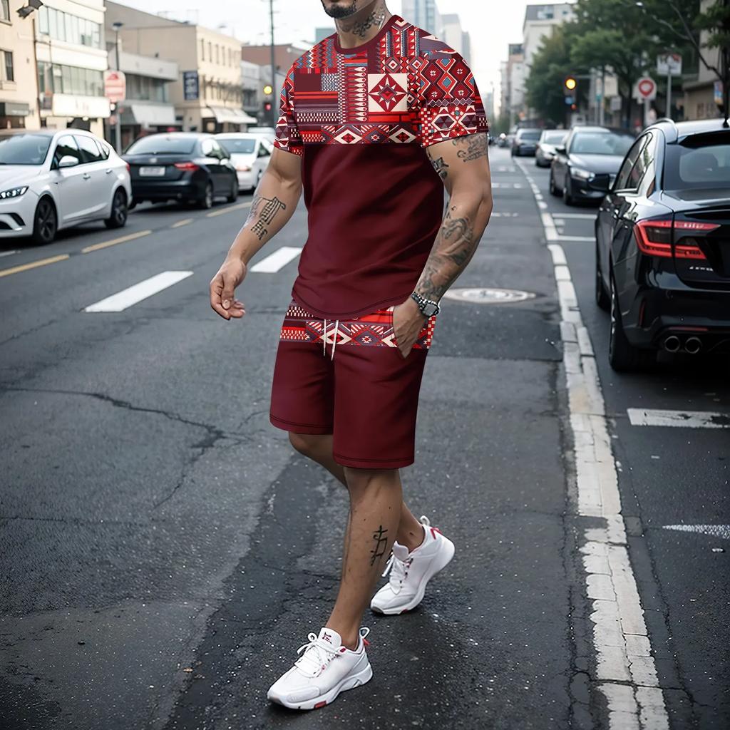 Мужской комплект летней одежды для отдыха из двух предметов с цветными блоками, мужская футболка с короткими рукавами с цифровым принтом и шорты на шнурке с карманами