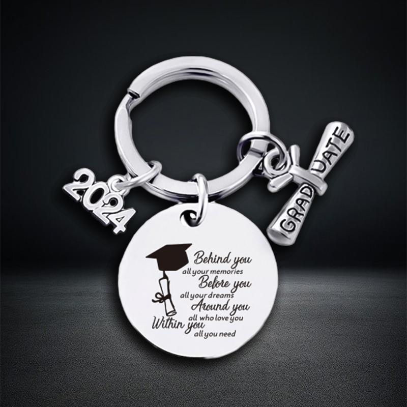 2024 Graduation Keychain Rings Key Holder Engraved Inspirational Language Doctoral Cap