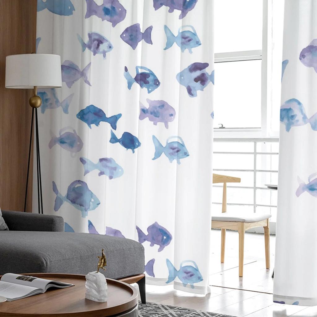 Фиолетовая рыбка, акварельная живопись, прозрачные оконные шторы для гостиной, спальни, украшения комнаты для девочек, тюлевые шторы