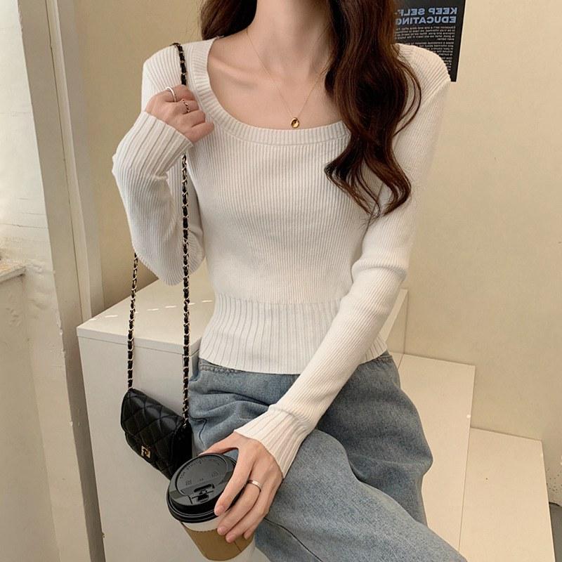 Женская весна-осень с квадратным воротником и длинным рукавом, однотонная тонкая верхняя одежда, короткий вязаный свитер