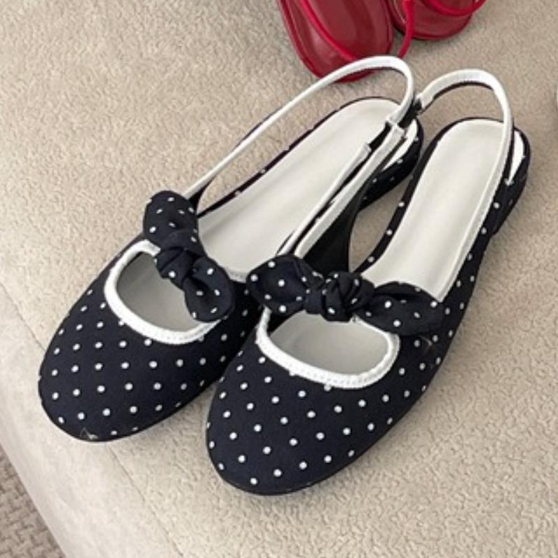 Модные милые туфли-лодочки на низком каблуке с бантом-бабочкой, женские, модные, в горошек, с ремешком на пятке, дизайнерская обувь, элегантные, удобные, неглубокие, плоские сандалии