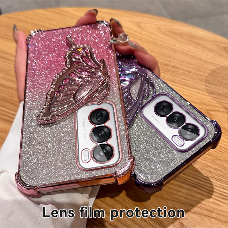 Glitter Shockproof Plating Quicksand Butterfly Phone Holder Case for OPPO Reno 14 14F 13 13F 12 12F 11 11F 10 Pro Silicone Cover