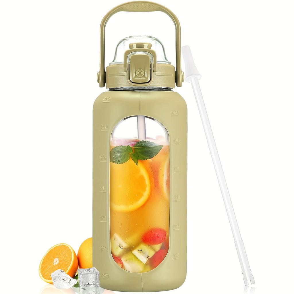 64oz Glass Water Bottles With Straw And Lid Half Gallon Water Bottle With Time Marker Leakproof Glass Water Bottles With Silicone Sleeve