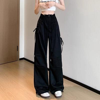 Летние брюки карго в американском стиле с бантом для женщин, с высокой талией, облегающие, прямого кроя, на кулиске, свободные, с широкими штанинами, повседневные