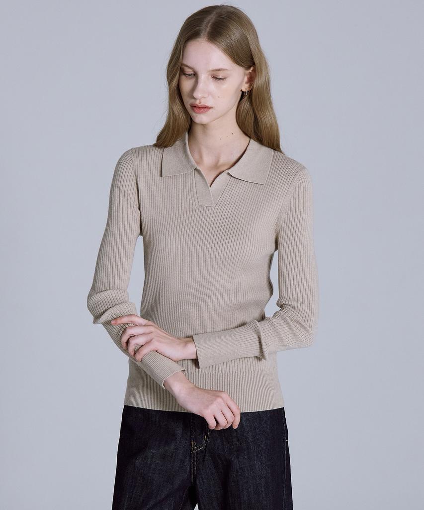 BASIC HOUSE Women'S Collared Long Sleeve Sweater Beige Lykt7203