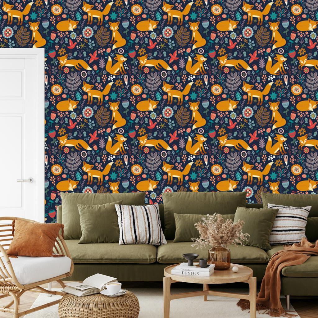 Foxes with flowers wallpaper in folklore style for living room and bedroom 50x1000