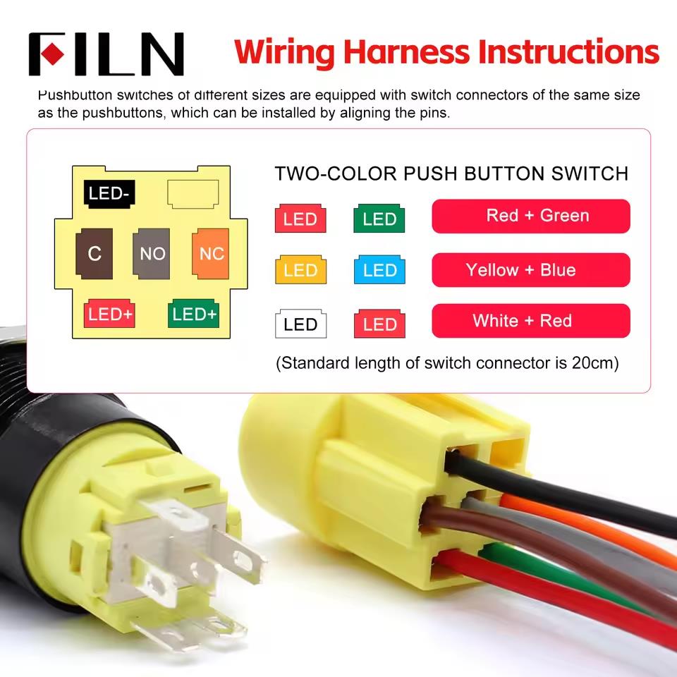 FILN 19MM 12V Металлическая кнопка-толкатель двухцветная Красный Зеленый Свет Светодиод Символ Водонепроницаемая самоблокирующаяся 1НО1НЗ Морской Старт Стоп Автомобильный Переключатель