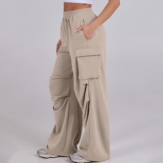 Women Cargo Pants Elastic Waist Mid-rise Straight Wide Leg Sweatpants with Multi Pockets Solid Color Casual Jogging Pants Loose Lounge Pants